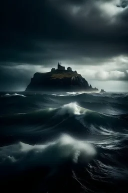 stormy sea with mystical island znd a ship