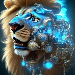 a lion made of steam punk elements with blue diamonds in his face, high detail, photo, kybernetic, 8k, roaring