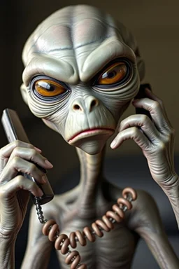 lifelike grey alien angrily talking on the phone