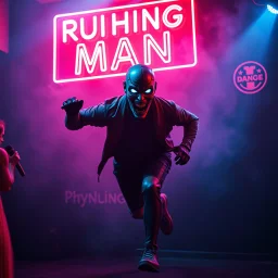 An "RUNNING MAN" performing at dance club, his name is "RUNNING MAN" and looks crazy, looks very aggressive look, Neon lights and smog, "RUNNING MAN" SIGN ON WALL