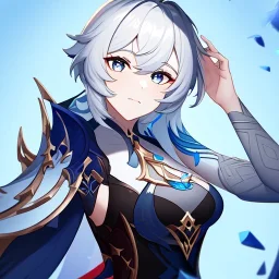 Genshin woman, Clear Focus High resolution, Calm Background, Light skinned woman, Black short beatiful hair, Dark blue sparkling eyes, Very Beatiful Face, Splash art, Streak of red in hair
