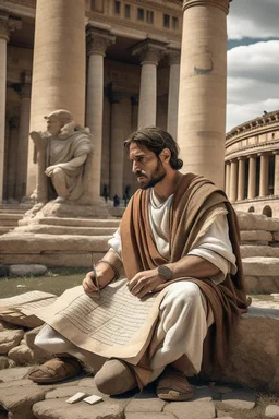 A Roman citizen of the third century, a 30-35-year-old man with kind eyes and a slight smile in poor clothes with a cross around his neck, sits on stones and writes on a papyrus scroll. He is sitting against the background of the ruins of Rome, against the background of the temple of Athena. High-quality 8K image in watercolor technique