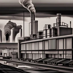 a photograph of a factory polluting the environment from the outside, colored in medium grey, cloudy, daytime, mimicking greyscale