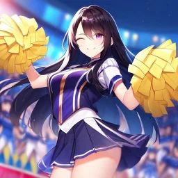 Clear focus,High resolution,High quality, Cheerleader, Smiling, Eyes closed, Black long hair flowing with the wind, Purple eyes