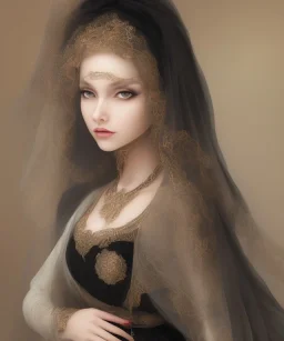 veil head Muslim Princess, hijab, black eyes, no top with roses, full body, black dress, 8k resolution