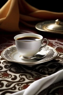 A luxurious cup of coffee on an elegant tablecloth