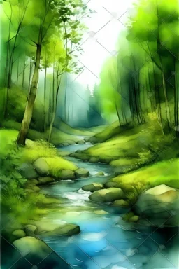 view of a Forrest stream backgound, cartoon, water-color, illustration, low detailed --style raw