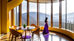 A woman with a purple dress standing in a modern room with large windows overlooking a mountainous landscape, a round table with orange chairs, and wooden stairs on the left.