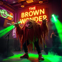 An "BIG POOP" performing at dance club, his name is "BIG POOP" and looks crazy, and green slime on stage, Neon lights and smog, "DAS BRAUNE WUNDER" SIGN ON WALL