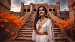 Hyper Realistic Photographic zoomed view Of a Beautiful Young Pashto Woman with Beautiful Eyes in White Dress Smiling & Standing on the Wide-angle-Beautiful-Staircase Of A Huge-Abandoned-Dark-&-Detailed-Crafted-Rajasthani-Fort In An Autumn Season with dried Orange Leaves on the land with dark cloudy-moonlight behind the fort showing dramatic & cinematic ambiance.