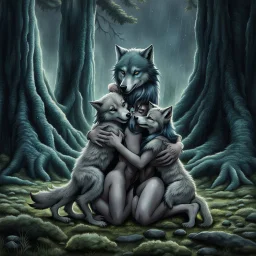 an anthropomorphic female wolf hibrid hugs with paws her two anthropomorphic wolf-kid hibrid child on field, in background tall trees wirh big trunks, rain, down on blue-green moss, hug each other , rainy day, high contrast, high detalied, atmospheric, fantasy, sci-fi mood