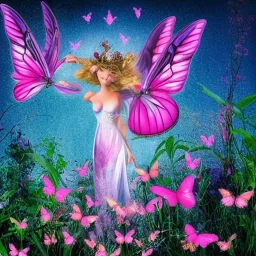 Beautiful garden with butterflies and abstract mystical fairy with sheer pink wings