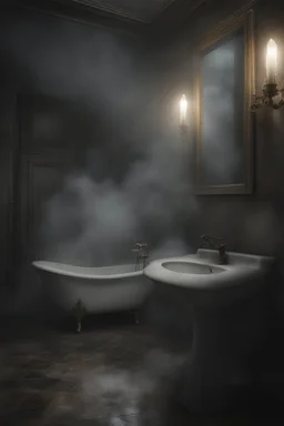 Evil spirit rising from a bathroom sink, fog, ethereal, malevolent, masterpiece, intricate details, hyper realism, 8k, photorealistic