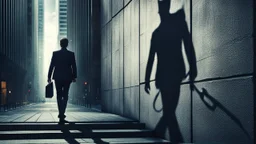 a high realistic photo from a business man walkings on street and behind his own shadow into an devil walking on big wall , modern city, weird atmosphere.detalied, sharp focus, surreal mood, thriller, dark dream