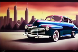 a true-to-life 1948 Chevrolet Fleetline, centered, intricate, extreme detailed, photorealism, center view, city background, pivot on chevrolet, pen and color marker painting by cheryl kelley