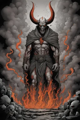 demon in smoke, dust, attraktive demon in hell, dark magic, light red black and white dark grey , dark steel dark red, orange, grey light orange, dark evening, comics, dark things in hell, dirty, brick wall, shadow, smoke, fire, professional ominous concept art, by comcs style, highly detailed, digital painting, black ink, masterpiece