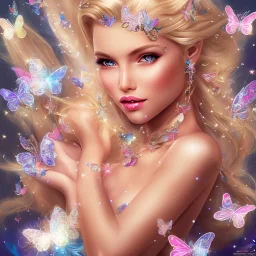  lying down beautiful face princess blond fairy smiling with sparkle jewel bikini and butterflies in hair magic