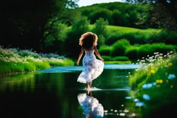 shot from front ,green field and wild flower field ,beautiful girl in pretty dress curly hair walking in water toward camera in trees next to wavy river with clear water and nice sands in floor.camera capture from her full body front, spring blosom walking to camera ,camera captures her upper body ,wild flowers moving in the wind ,blue sky,moving pretty clouds ,joy full facet.