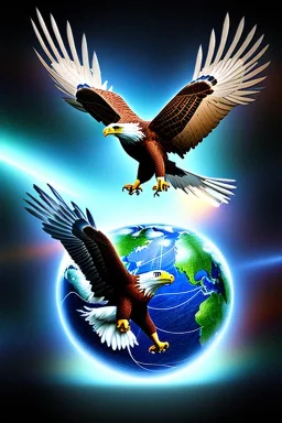 Eagle is flying in the space and is holding the earth in his claws.