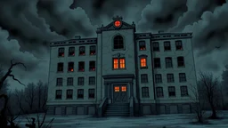 The abandoned hospital, now shown with a sinister, almost sentient presence. The building seems to pulse with a dark energy, as if watching and waiting. The windows appear as hollow eyes, and the cracked walls twist in unnatural ways. The scene is filled with a sense of malevolence, as if the hospital itself is alive. The comic-gothic style enhances this with exaggerated, almost surreal details, deep shadows, and an overall feeling of dread.