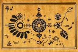 a scan of an ancient Cree Anishinaabe map, hand drawn been stained and weathered, Cree Syllabic symbols