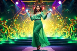 a very beautiful lady with makeup and curvy hair, wearing a pretty green jewelled long skirt with blouse and high heels, dancing over a modern stage with luxury metalic fractal recursive structures and dynamic color lights.3by 2