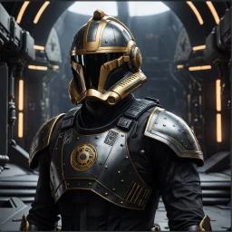 star wars bald male corellian pilot wearing pearlescent black and gunmetal grey First Order special forces heavy assault stealth commando armor and helmet with gold trim inside the jedi temple, hyperdetailed, dynamic lighting, hyperdetailed background, 8k resolution, volumetric lighting, light skin, fully symmetric details