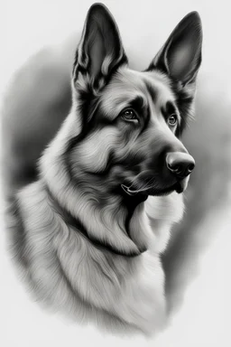realistic computer drawing German Shepard head black and white