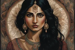 Painting of a beautiful Indian woman with black hair, big bright almond-shaped eyes, dark and moody quality, fantasy art, digital art, delicate lines and textures, realistic and dreamy art, art with imaginative motifs, painting ink, acrylic , depressive art, vintage, fairy tale, patchwork, storybook detailed illustration, high angle, dynamic poses, magical substances, fantastic landscapes, surrealism, cinematic, strong shadows, vivid colors, rich colors, light and shadow, dystopian setting