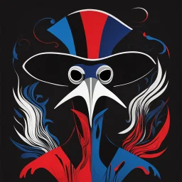 Surreal abstract composition by Paul Rand: sinister plague doctor dissociated; red, midnight_blue, white, and black color scheme, black background