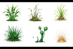"Isolated concept art of multiple types of alien grass on a plain neutral background. Designed for different biomes: Forest biome – lush, dense, tall grass with strange broad blades, glowing tips, and twisted leaves. Swamp biome – slimy, wet, moss-like grass with tangled roots, bioluminescent details, and spongy textures. Desert biome – dry, spiky, brittle grass with sharp edges, thorn-like blades, and pale dusty colors. Each grass type should have a unique silhouette and texture.