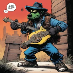 [art by Kevin Eastman and Peter Laird] Once again it's another rap bandit Fiending at I and I can't stand it Wanna be down with the Day-Glo Knocking on my door, saying, "a yo yo" Knocking on my door, saying, "a yo yo" "I got a funky new tune with a fly banjo"