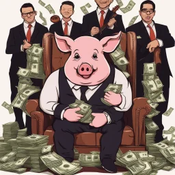 rich pig in suit on a throne making stacks of money by making a deal with a buisnessman. background of musicians