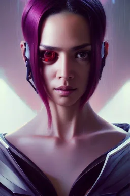 hiper realista, hiper detalhado, retrato de corpo inteiro, no estilo cyberpunk, de Jesus Cristo com implantes biônicos, cabelos azuis, olhos brilhantes, arte de greg rutkowski, artgerm, wlop, rossdraws, boris vallejo