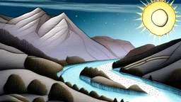 Draw a V-shaped valley with two mountain sides and a river in between. The left side is rocky, the right side softer. The river is wide and rough, with rapids. In the sky at the top left there is the moon and at the top right there is the sun, sun and moon must be equal in size. Use a watercolor style with bright, warm colors.