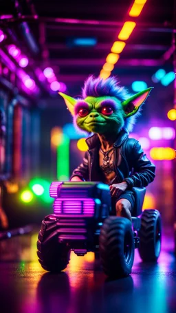 portrait of Hairy Gremlin pimp ninja cyber yoga punk in flying hipster tractor parked in dark tron neon lit tunnel,bokeh like f/0.8, tilt-shift lens 8k, high detail, smooth render, down-light, unreal engine, prize winning