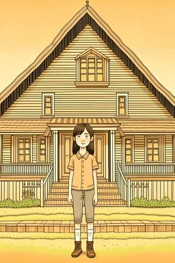 wood house, girl stand front of house