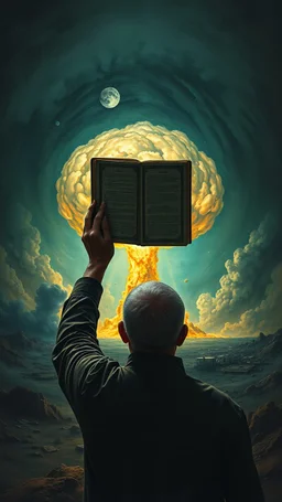 Bosch painting style nightmare, a man holding a book up toward a nuclear explosion in the background, rear view , dramatic sad scene, fantasy, scary.