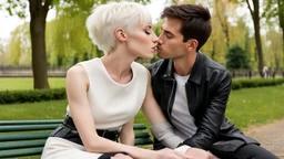 close up photo from the back from a (25 year old human android woman, short white hair, white albino skin) kissing with ((dark hair young man)), sitting on the bench, detalied, sharp focus, realistic, full body, bench, in the blur background a green park