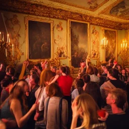 Party in a schloss, cheering people, Austrian aesthetic, warm colors, wood, green, red, 8k, HD, cinematography, photorealistic, Cinematic, Color Grading, Ultra-Wide Angle, Depth of Field, hyper-detailed, beautifully color-coded, insane details, intricate details, beautifully color graded, Cinematic, Color Grading, Editorial Photography, Depth of Field, DOF, Tilt Blur, White Balance, 32k, Super-Resolution, Megapixel, ProPhoto RGB, VR, Halfrear Lighting, Backlight