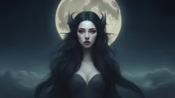 a woman with long black hair standing in front of a full moon, natalie shau, natalie shau tom bagshaw, cgsociety 9, exquisite digital illustration, moon goddess, chris saunders, lunar goddess, in style of anna dittmann, fantasy art behance, elegant cinematic fantasy art, gorgeous digital art, goddess of the moon, stunning digital illustration