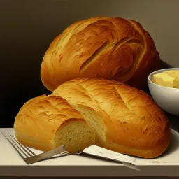 a detailed painting of bread and butter, butter in dish, with butter knife, 1 9 7 0 s, oil on canvas, Minimalism