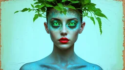 old retro photograph, light vignette, faded, worn and cracked, double exposure, surrealism, female humanoid from another world, red lips, half body, greenish blue pale transparent glowing skin, bald head, plants growing out of head, tattoo on head, alien transparent eyes, double exposure, hyperdetail, double exposure, Anna Razumovskaya, Anna Dittmann, Luis Royo, Neo-impressionism, expressionism, oil painting. Bold, detailed and textured brushstrokes reminiscent of Royo and Peter Coulson. Deep co