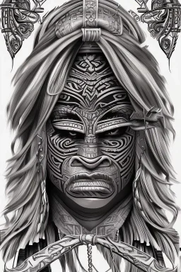  Portrait Maori Chief iron maiden Maori tribal tattoos, bow with arrows, full detail, 4k, style of Mad Magazine