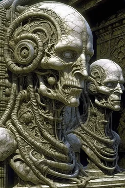 sculpture of a man and a snake , robot , child , young and old Multiple faces . decayed and rotting with grotesque proportions and imagery. abstract grotesqueries, detailed texture, surreal horror, biomechanical design, by hr giger and beksinski