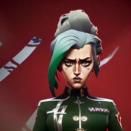 War propaganda of a sexy patriotic female soldier long silver hair wearing green w red lights full torso wearing medals and a biplane overhead flying in the background