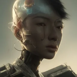 portrait,beautiful asian robot, post-apocalyptic in a cyberpunk city, realistic, intriacte detail, sci-fi fantasy style, volumetric lighting, particales,highly detailed,cinamatic, deep