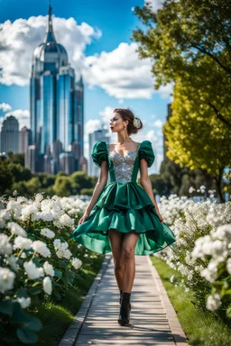 fullbody girl makeup wearing a dark green-silver victorian short dress walking in moder city of 2040 park ,flowers ,pretty clouds in blue sky,city escape.