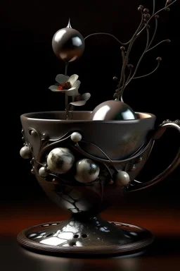 икебана,композиция чашечка утреннего кофе,алое с черным перламутр,из корявых корней сюрреализм,конструктивизм,фрактал,в стиле дроби арт,высокая детализация,микро детализация