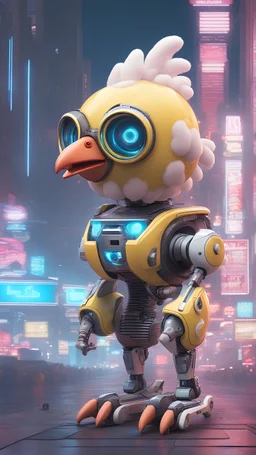 CHICKEN robot made of cotton candy, sci-fi, cyberpunk, full body, ultra realistic, virtual reality, cyberpunk city and colors